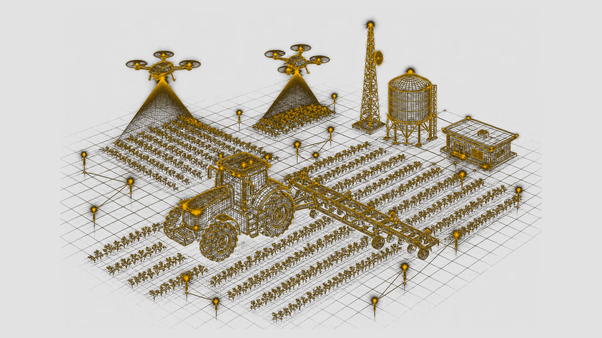 Golden wireframe autonomous farm: tractor with implement in crop rows, survey drones, sensor mast, grain silo, field station