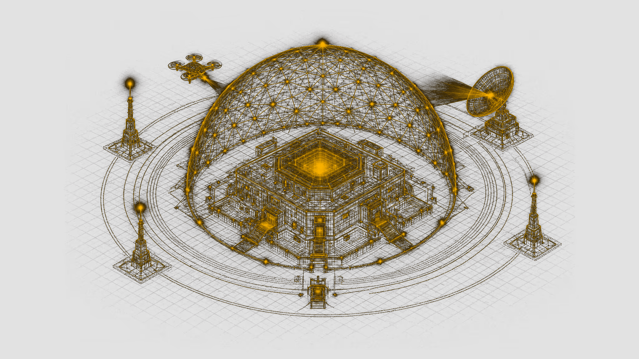 Golden wireframe secure facility under a geodesic shield dome with radar array, perimeter pylons, and an inspection drone