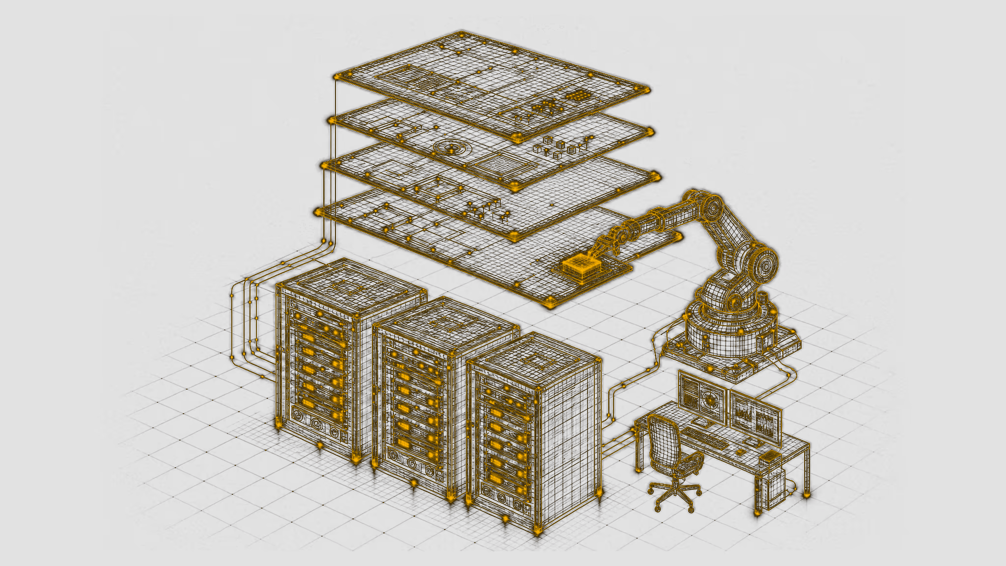 Golden wireframe software build yard: server racks, stacked interface planes, assembly arm, operator workstation