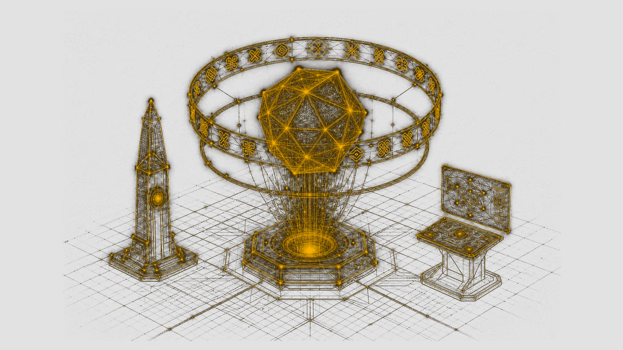 Golden wireframe intelligence research installation: faceted core floating over a containment plinth, ringed by adinkra glyphs, with a sensor obelisk and research console
