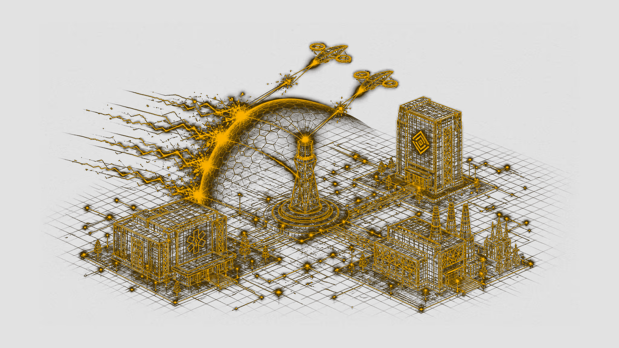 Golden wireframe defensive systems monitoring a protected hospital, finance tower, and power station behind an energy barrier